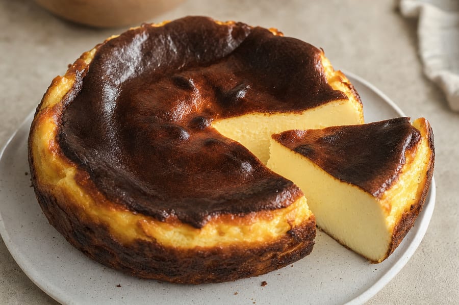 Slice of Basque Cheesecake with a caramelised burnt top