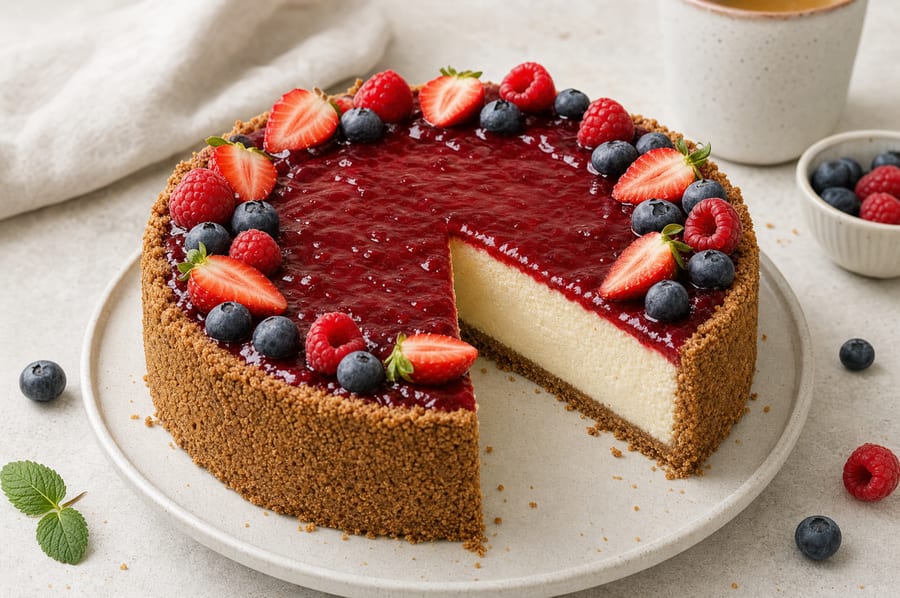 Slice of Classic Cheesecake with a graham crust on a white plate