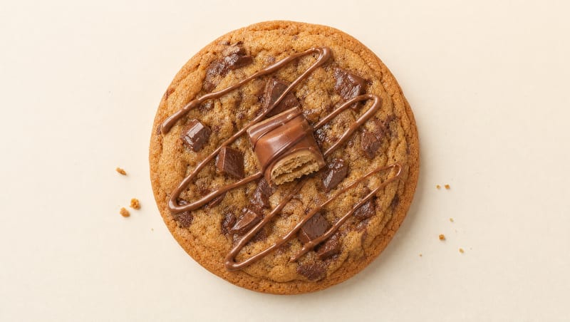Kinder Bueno Cookie topped with a Kinder Bueno piece and chocolate drizzle