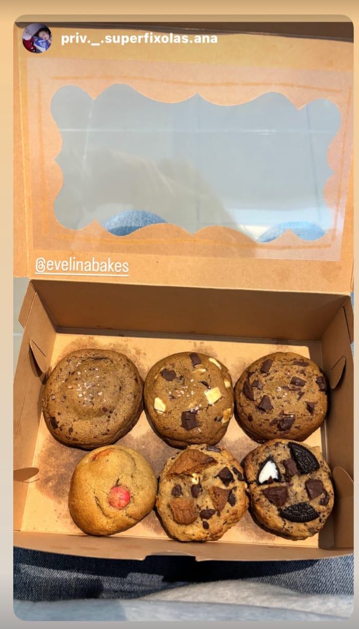 Instagram story from a customer sharing a box of six Eva Bakes cookies, tagging @evelinabakes