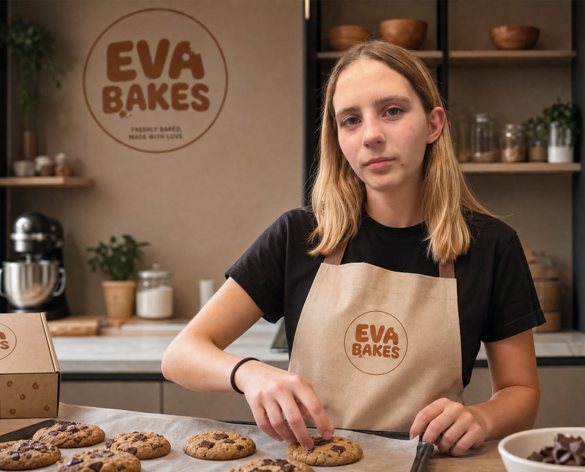 Evelina baking cookies in her Lisbon kitchen, wearing an Eva Bakes apron